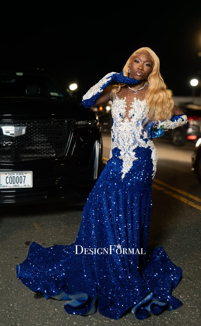 Customer photo review of Sparkly Rhinestone Sequin Velvet Matching Gloves Prom Dress