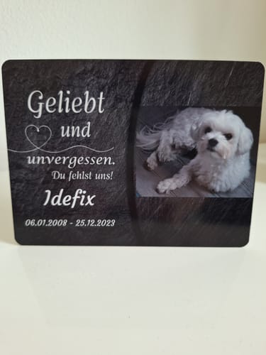 Customer photo review of Hunde Gedenktafel mit Foto & Spruch (UV- & Wetterfest)