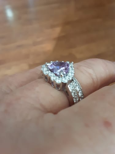 Customer photo review of Halo Heart Purple Heart CZ Ring Set in Sterling Silver