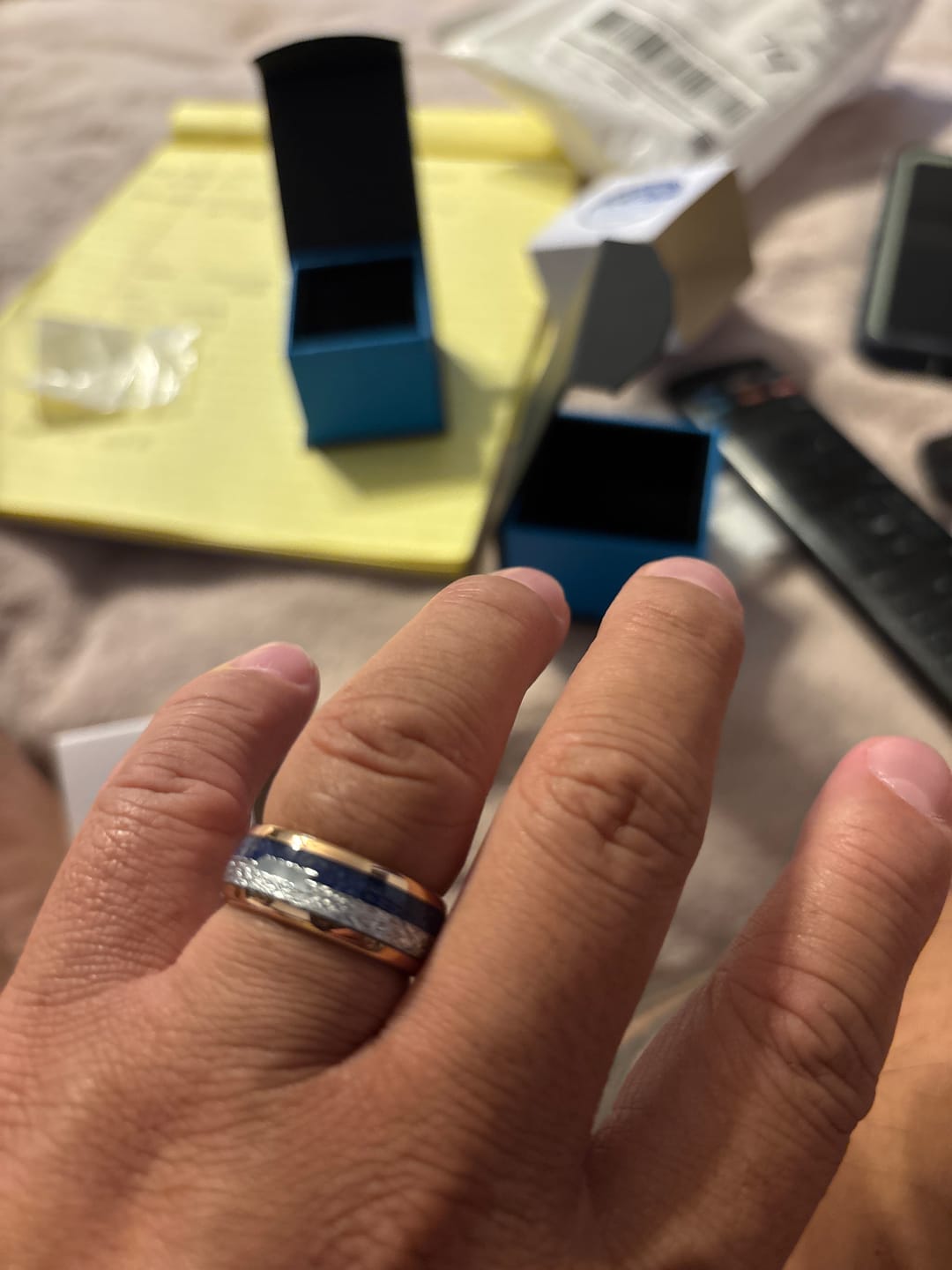 Customer photo review of 8mm- ROSE GOLD TUNGSTEN ARROW RING W/ BLUE LAPIS LAZULI, FAUX METEORITE,
