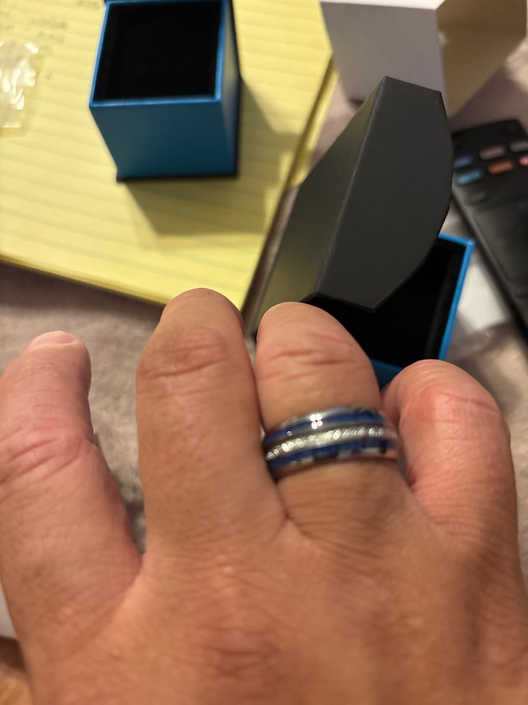 Customer photo review of 8mm - Mens Domed Tungsten Meteorite Ring, W/ Lapis Lazuli Inlay