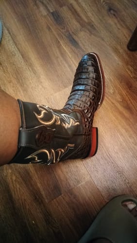 Customer photo review of Chocolate Brown Caiman Hornback Leather Boots - Round Toe