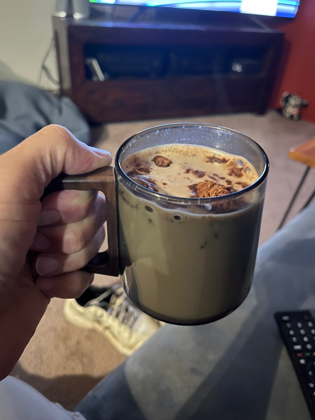 Customer photo review of Smokey Gray Glass Slanted Coffee Cups With Wooden Handle