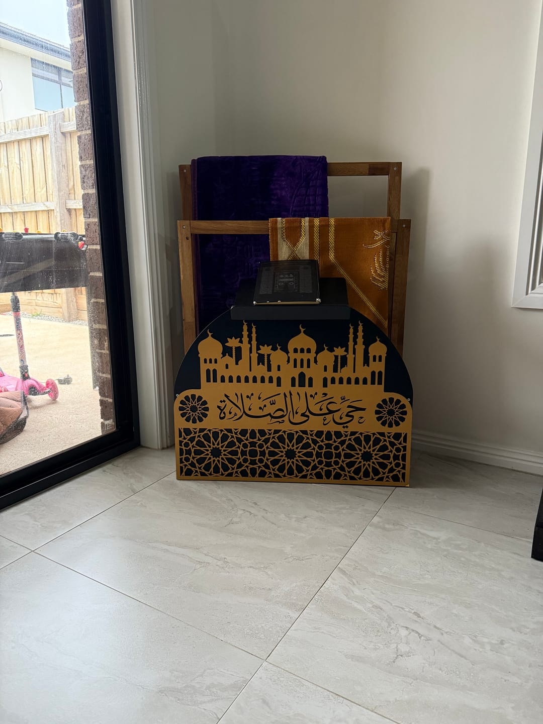 Customer photo review of Wooden Prayer Rug and Mat Holder and Quran Stand