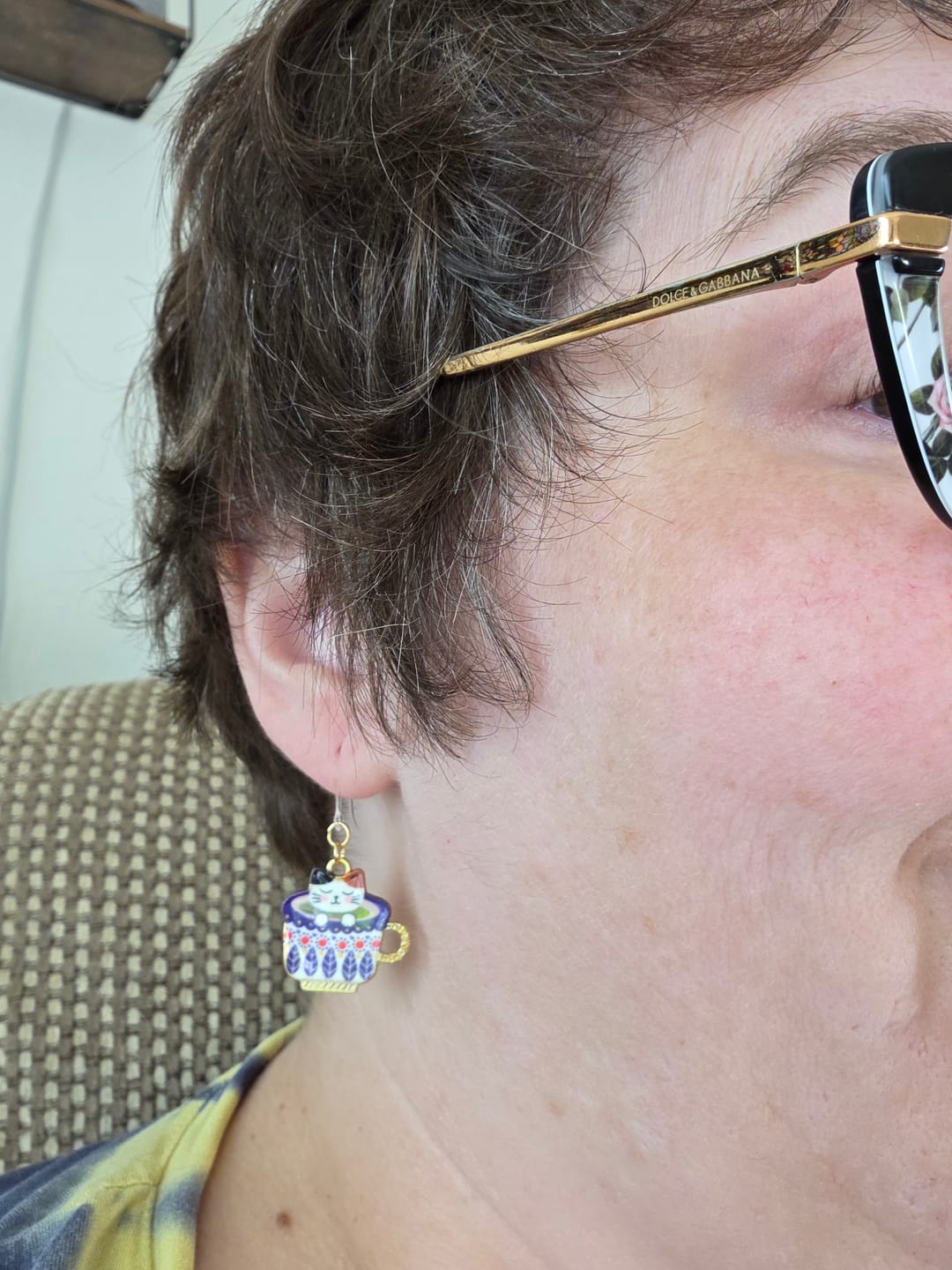 Customer photo review of Teacup Cat Dangles Hypoallergenic Earrings for Sensitive Ears Made with Plastic Posts