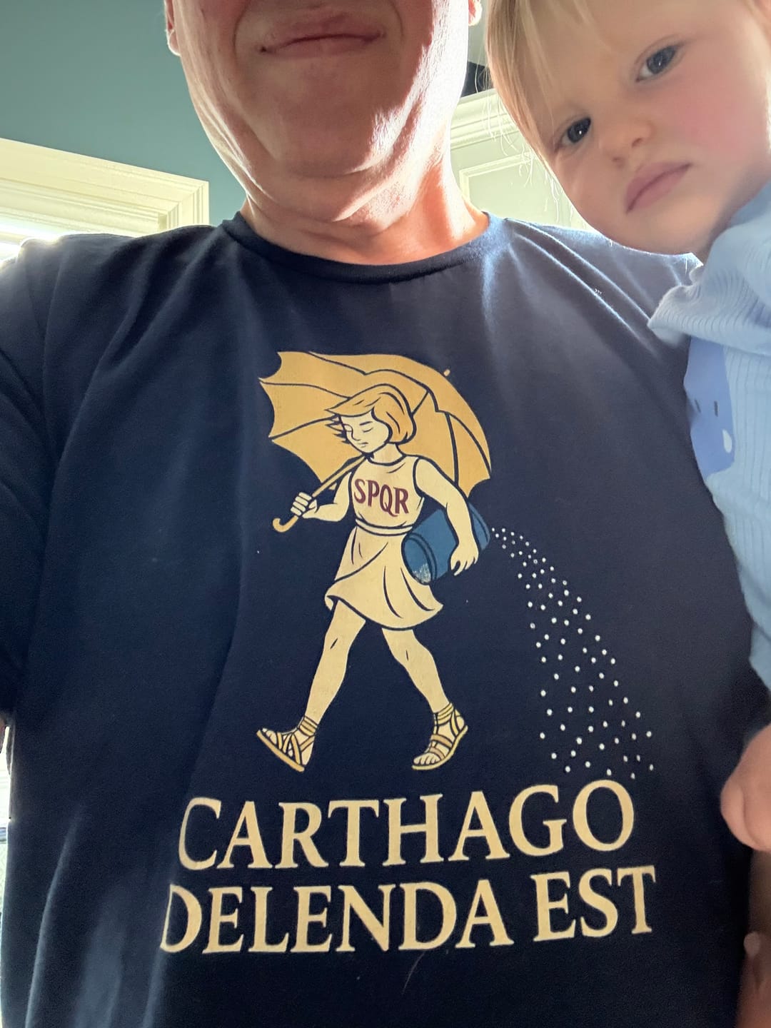 Customer photo review of Carthago Delenda Est Morton's Salt Parody Logo T-Shirt