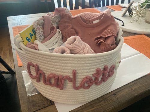 Customer photo review of Baby Knits™  Multicolor Personalized Knitted Basket
