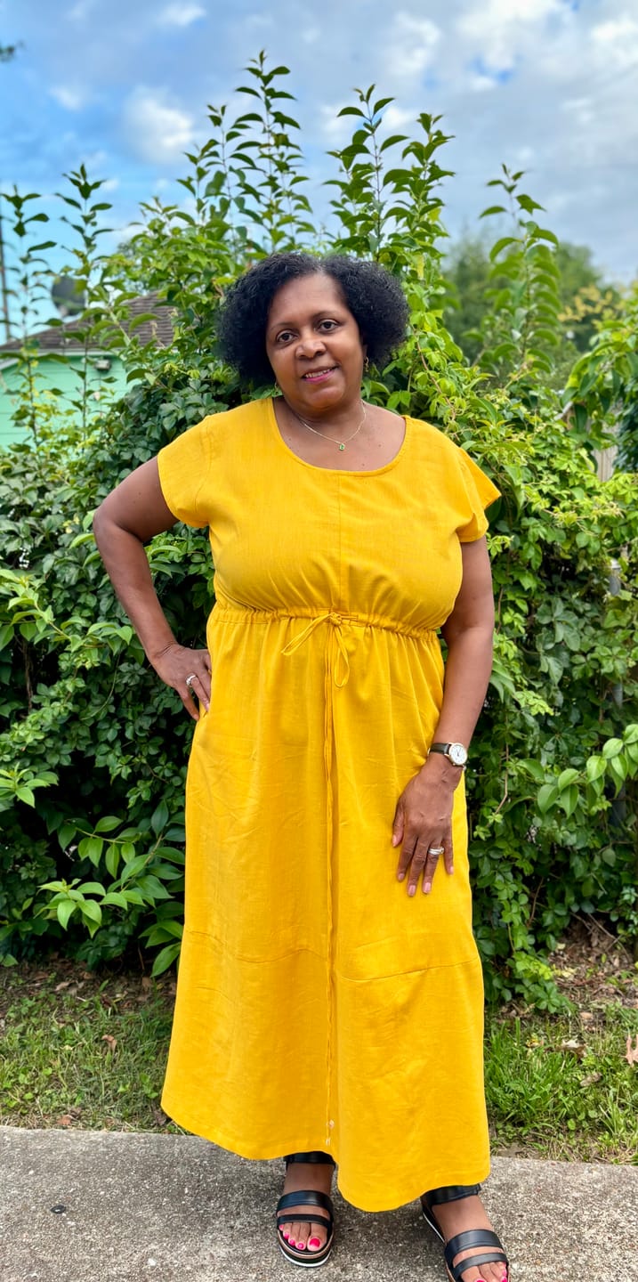 Customer photo review of Yellow Cotton Flax Scoop Neck Paneled Maxi Dress