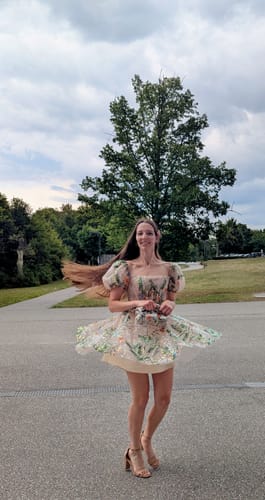 Customer photo review of Short Puff Sleeves Corset Floral Embroidery Beaded Mini Dress