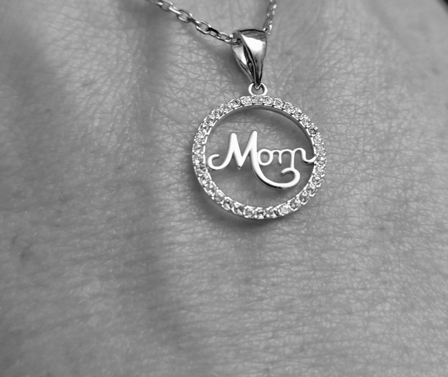 Customer photo review of Brandy 18k White Gold Plated Circle Mom Necklace with Swarovski Crystals