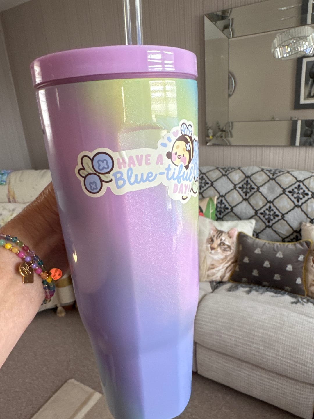 Customer photo review of Bumblebutt & Blue Hydrangeas Die-Cut Sticker | Have a Blue-tiful Day Quote | Kawaii Bee & Floral Design