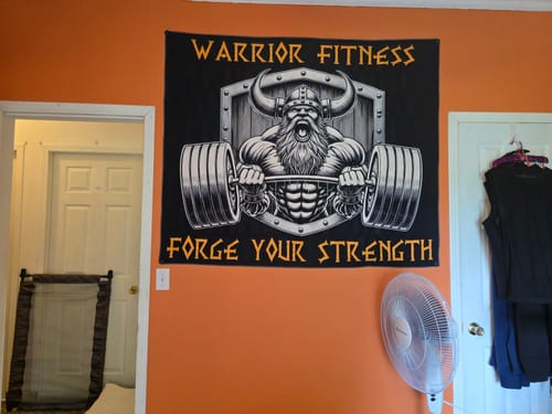 Customer photo review of Viking Warrior Gym Banner with Custom Quote for Weightlifters 11436