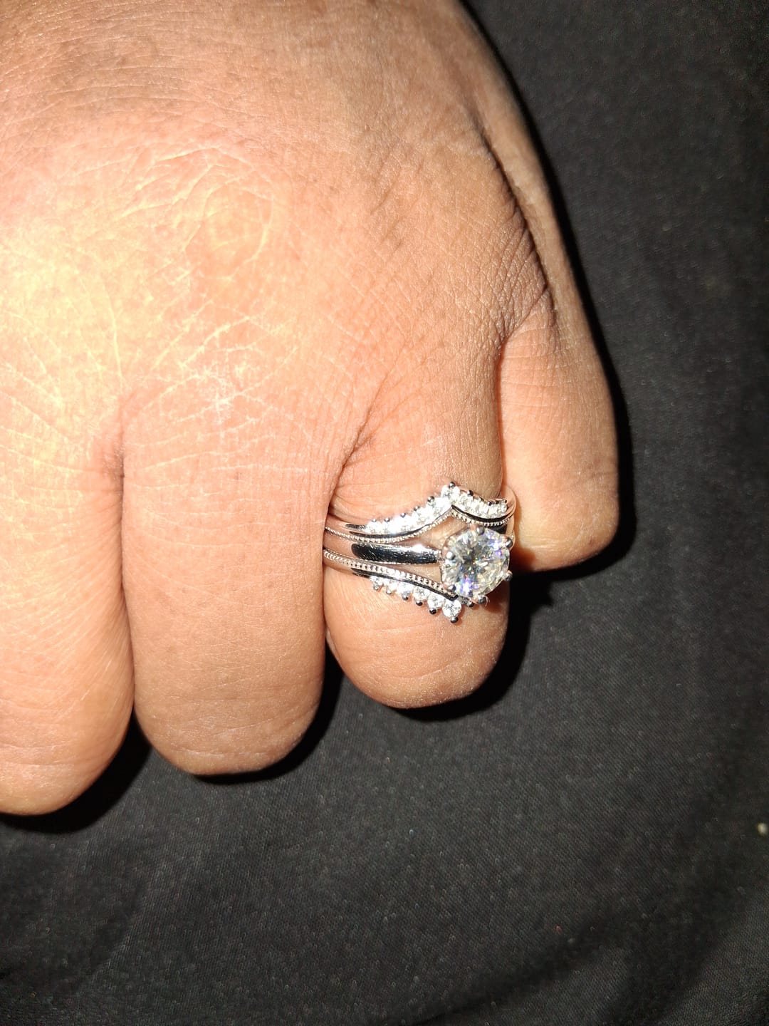 Customer photo review of Solitaire Moissanite With Enhancer Shank Bridal Engagement Ring Set