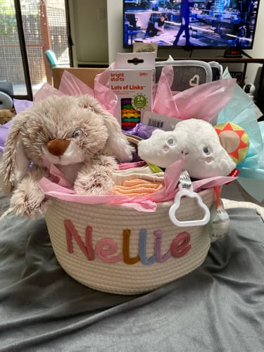 Customer photo review of Baby Knits™  Multicolor Personalized Knitted Basket