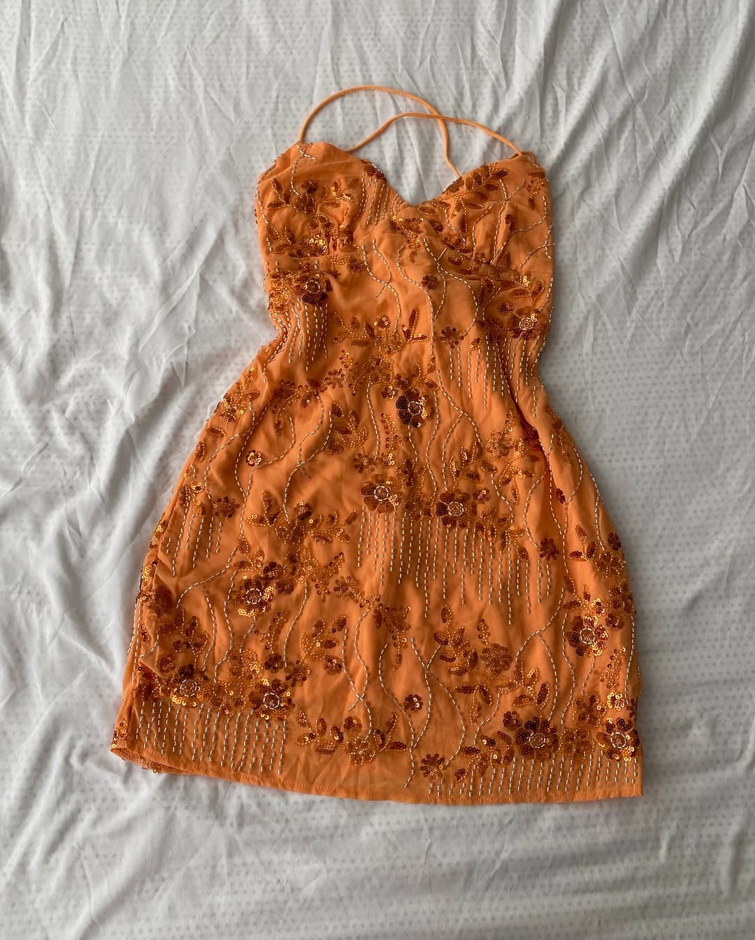 Customer photo review of V-neck Orange Beaded Bodycon Short Dress