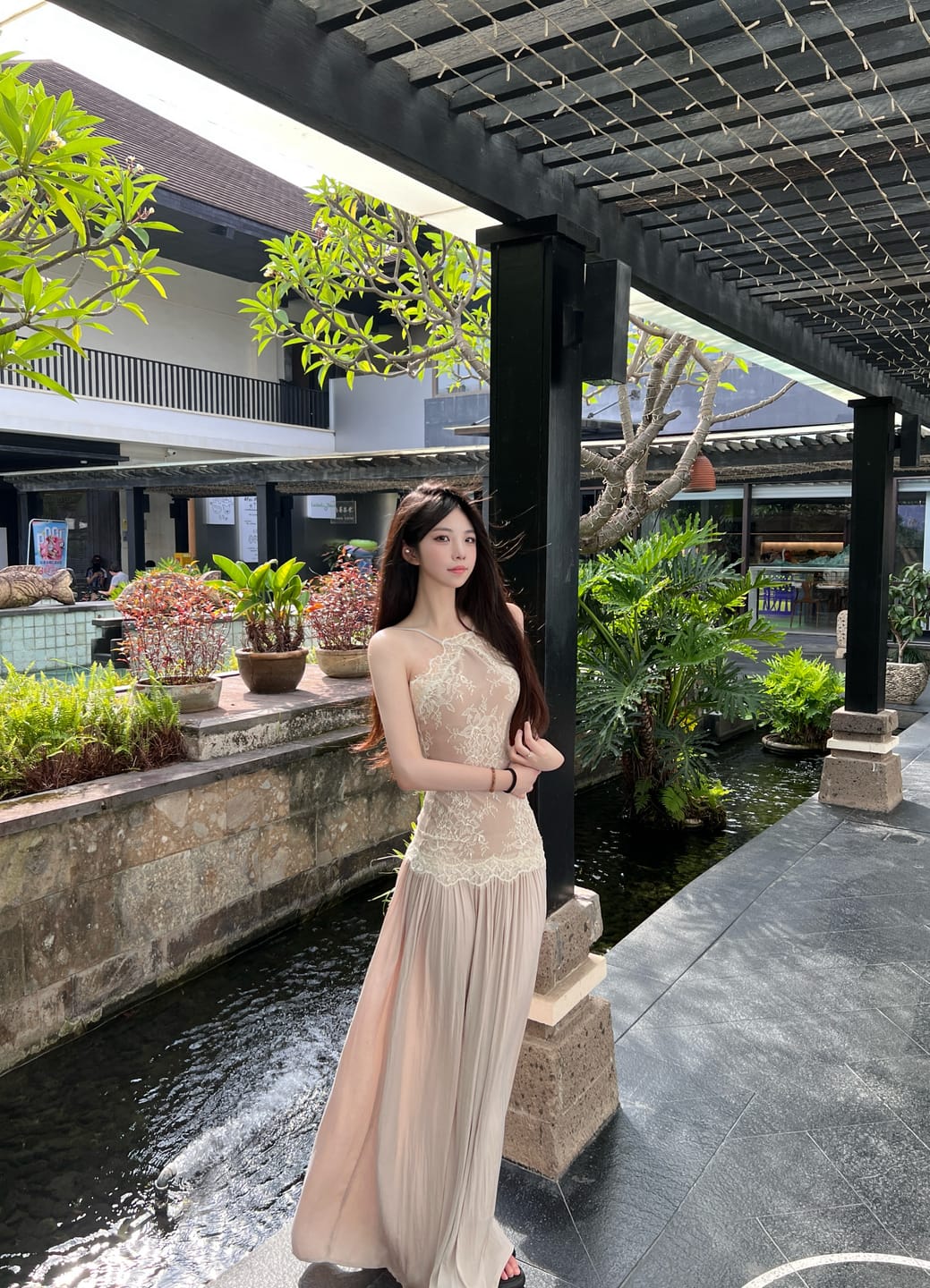 Customer photo review of ROVENTE Embroidered Lace Halter Dress With Gathered Hem