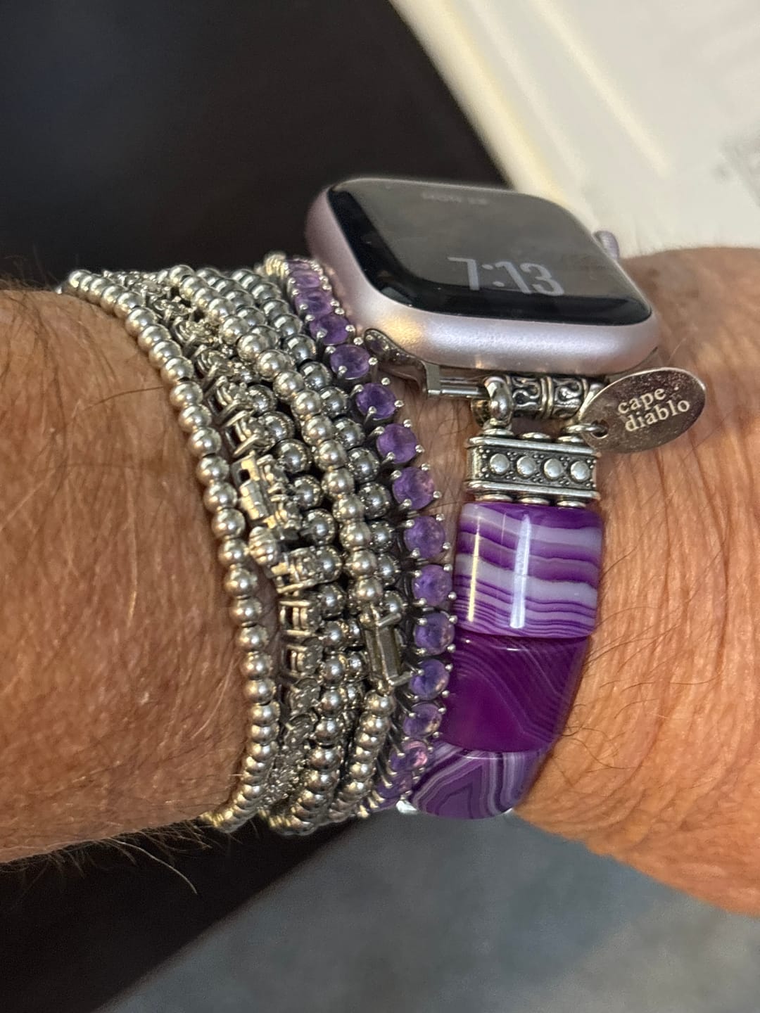 Customer photo review of Amethyst Aura Agate Stretch Apple Watch Strap