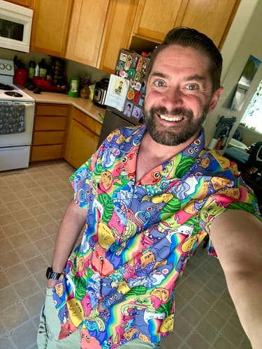 Customer photo review of Exploding Kittens Rainbow Explosion Button Up Shirt