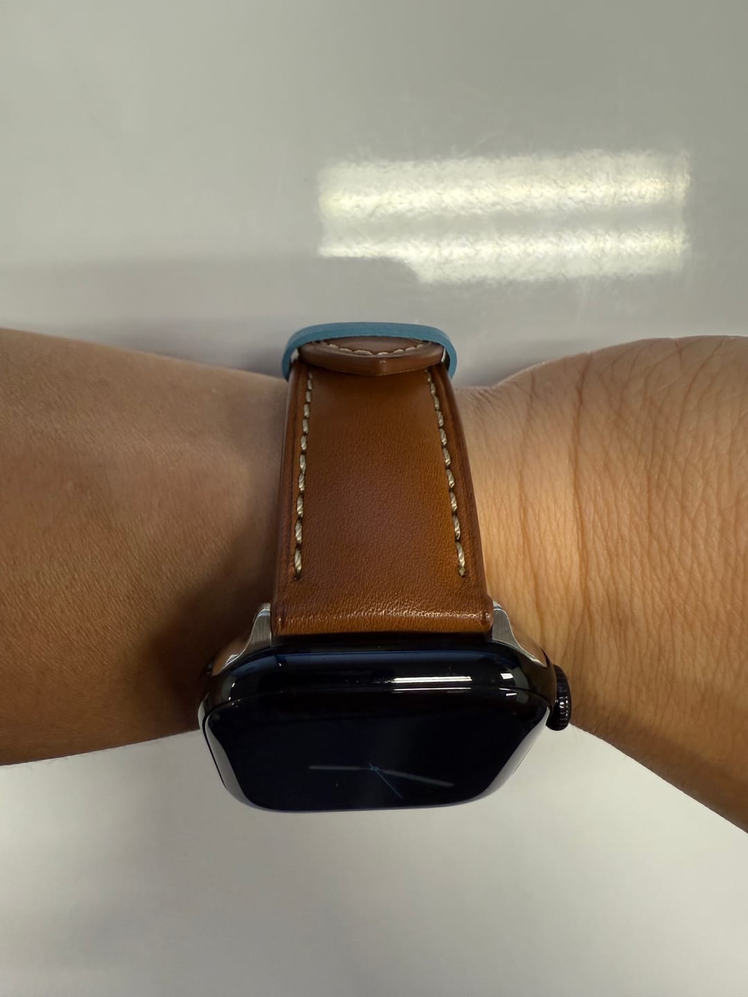Customer photo review of The Executive French Leather Apple Watch Band - Saddle Tan
