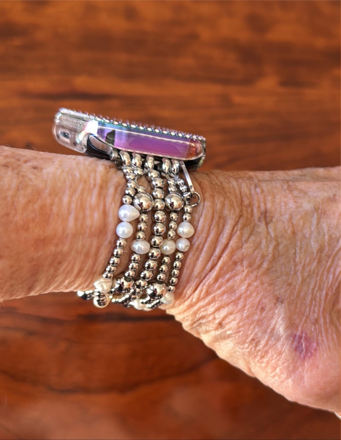Customer photo review of Shimmering Pearl Stretch Apple Watch Strap