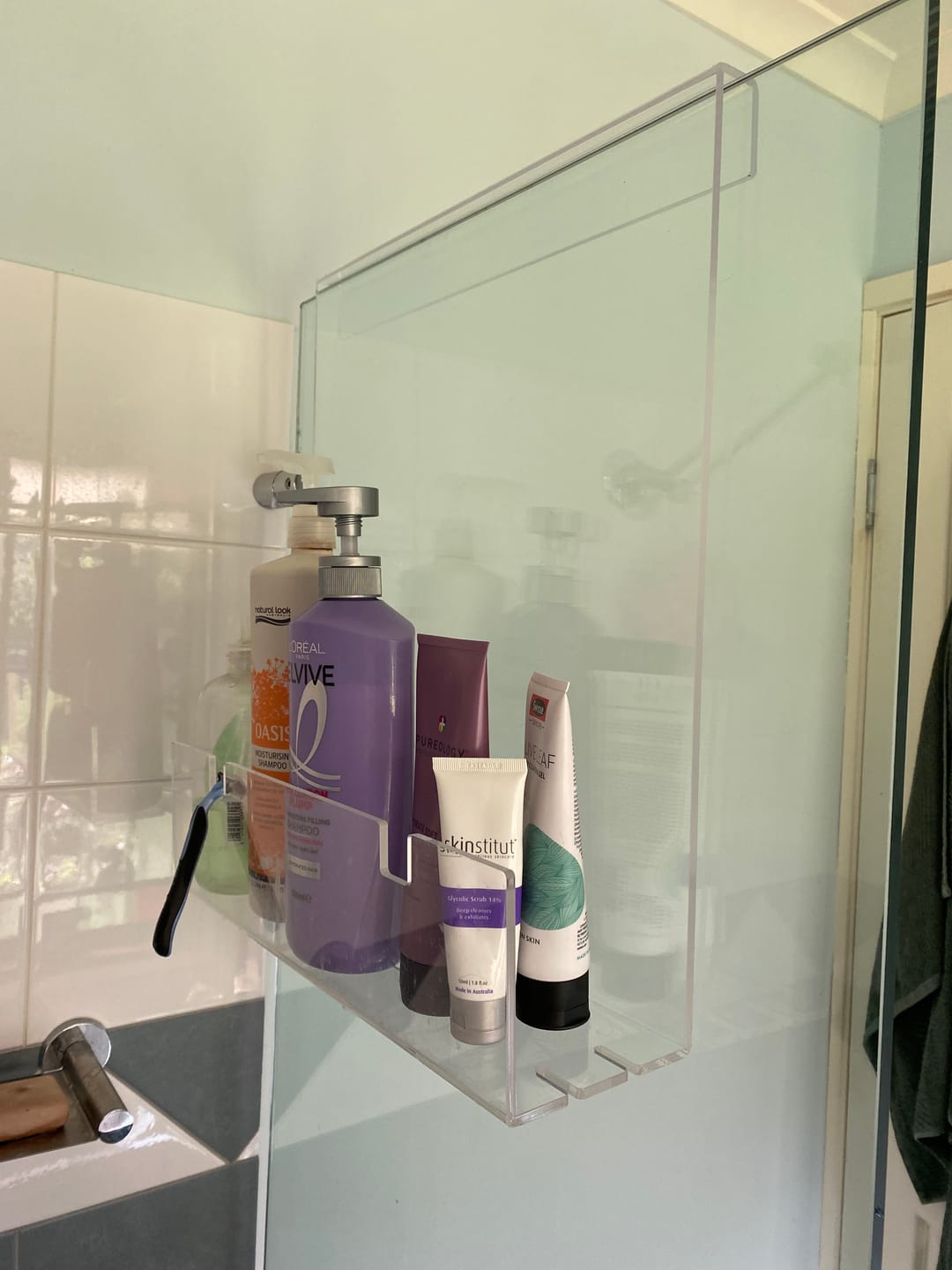 Customer photo review of Clear Acrylic Shower Shelf