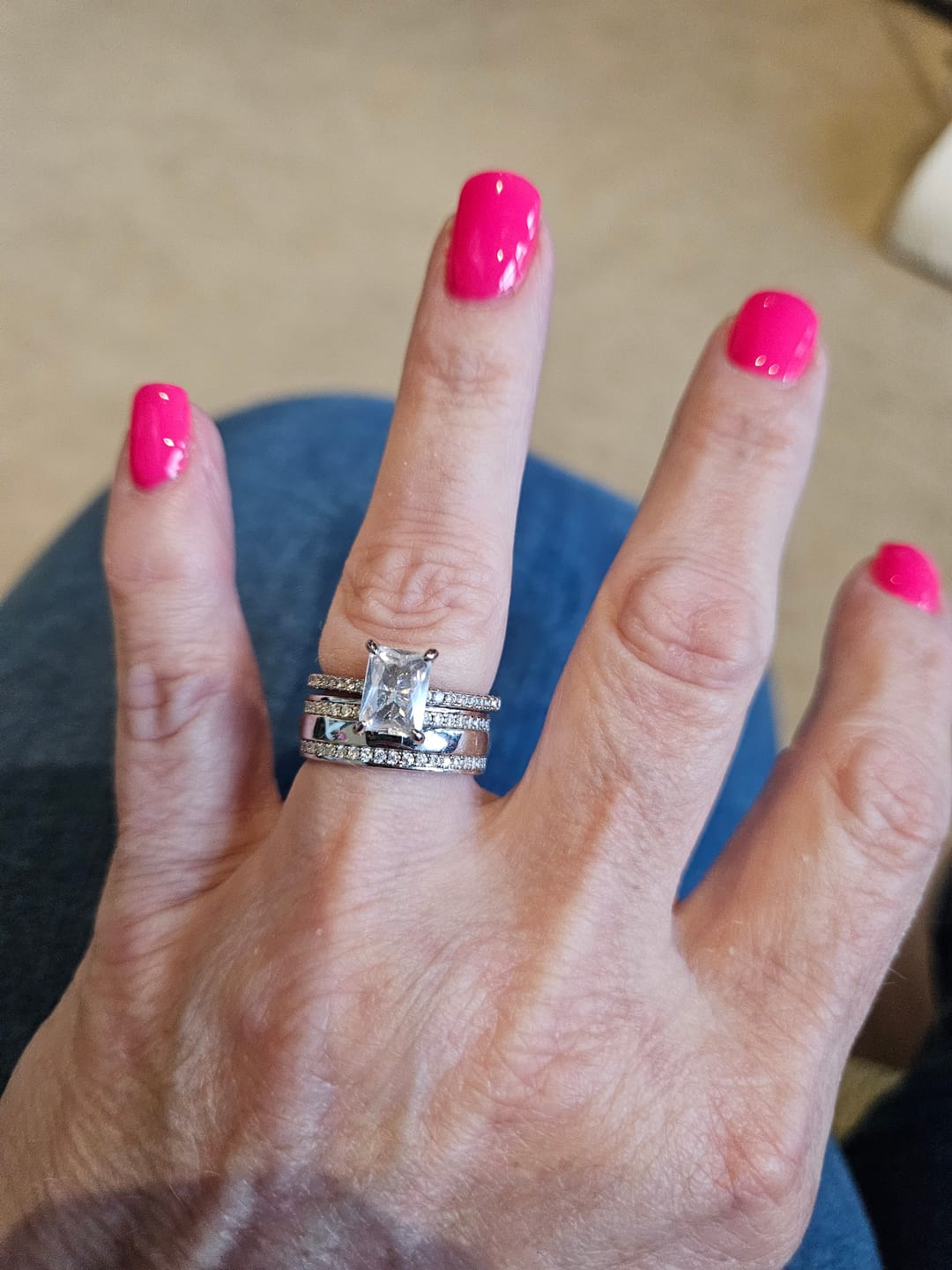 Customer photo review of Domed Double Row Moissanite Eternity Wedding Band