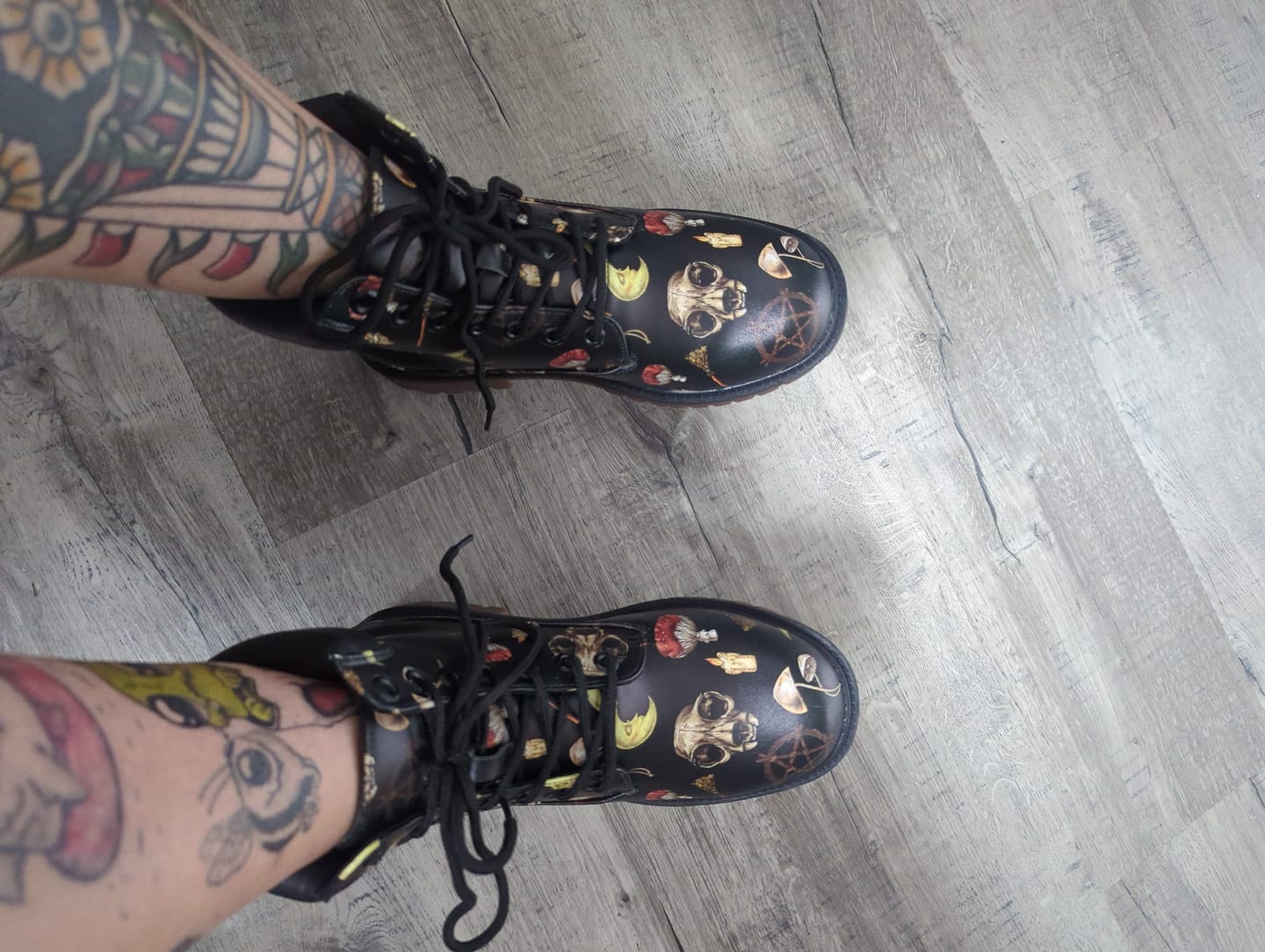 Customer photo review of Witchcore Aesthetic Print on Black Vegan Leather Low Combat Boots