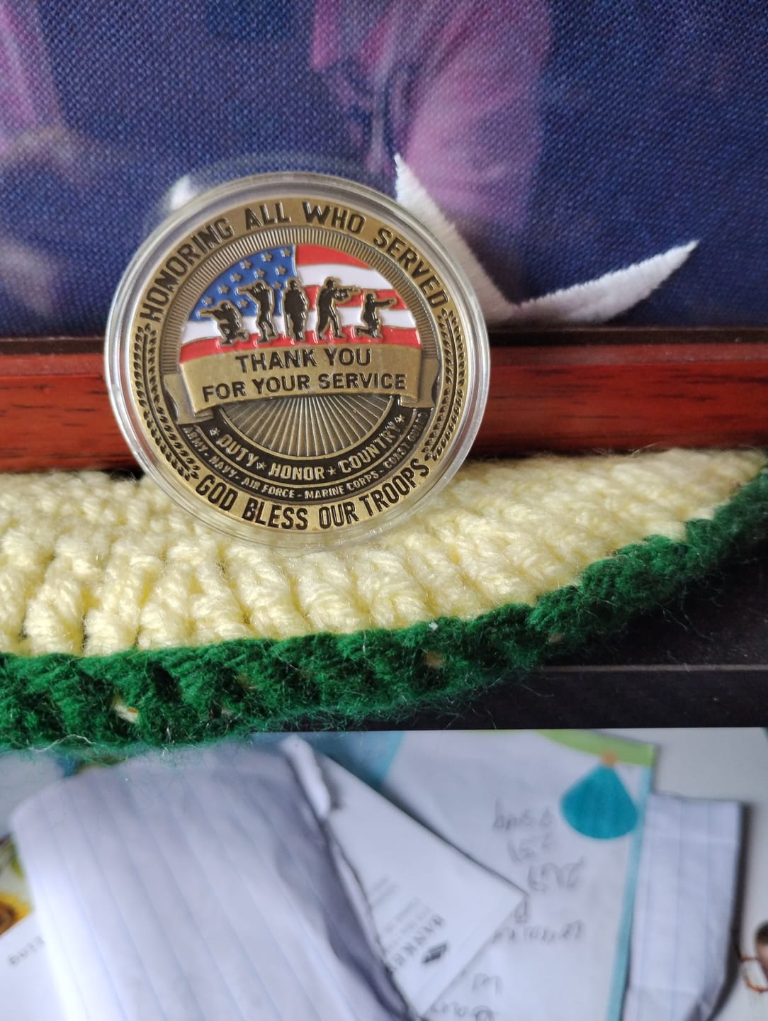 Customer photo review of God Bless Our Troops Thank You Coin