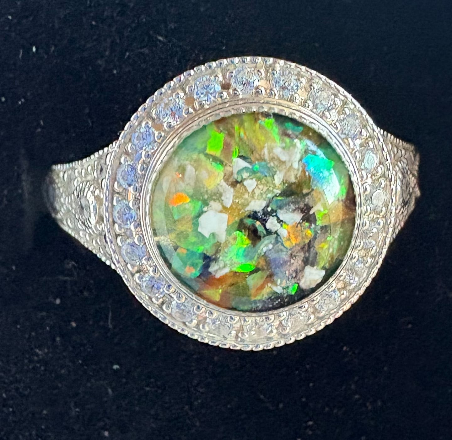 Customer photo review of Bedazzled Filigree Circle Opal Cremation Ring