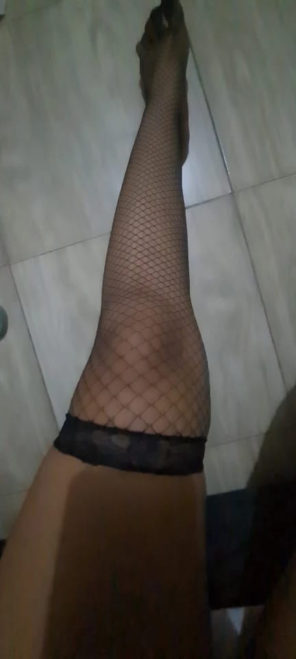 Customer photo review of Fishnet Stockings Bowknot Thigh High — Black White | KIMLUD