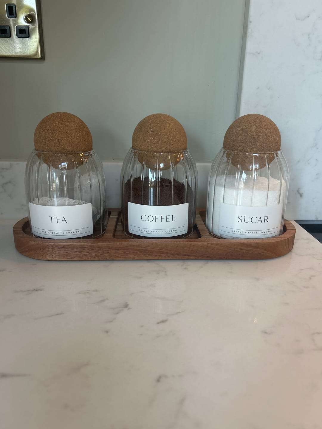 Customer photo review of Set of 3 Ribbed Cork Ball Glass Jars - Tea, Coffee and Sugar 500ml with Long Tray