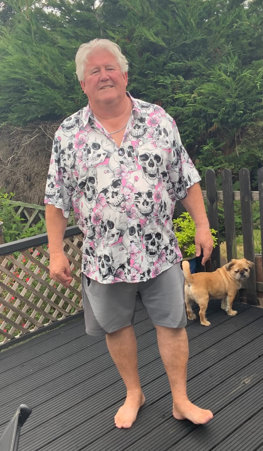 Customer photo review of Men's Skull Pink Flowers Button Up Short Sleeve Shirts