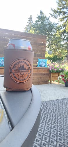 Customer photo review of Custom Leather Koozies Can Cooler Sleeves Neoprene Authentic Leather Patch