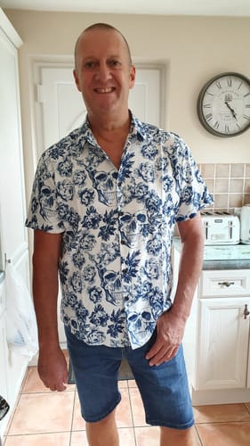 Customer photo review of Men's Punk Rock Crown Floral Skull Print Short Sleeve Shirt