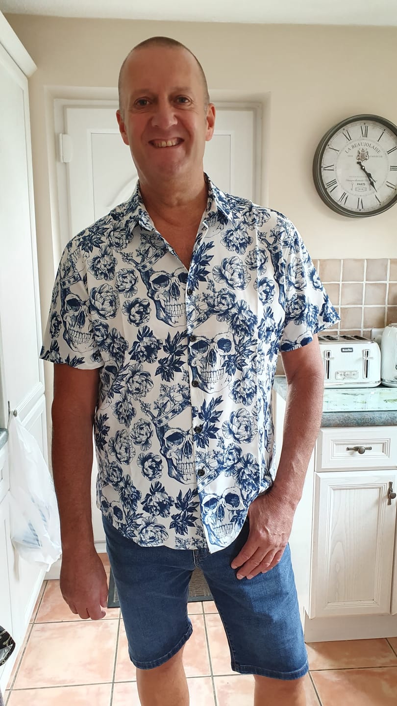 Customer photo review of Men's Punk Rock Crown Floral Skull Print Short Sleeve Shirt