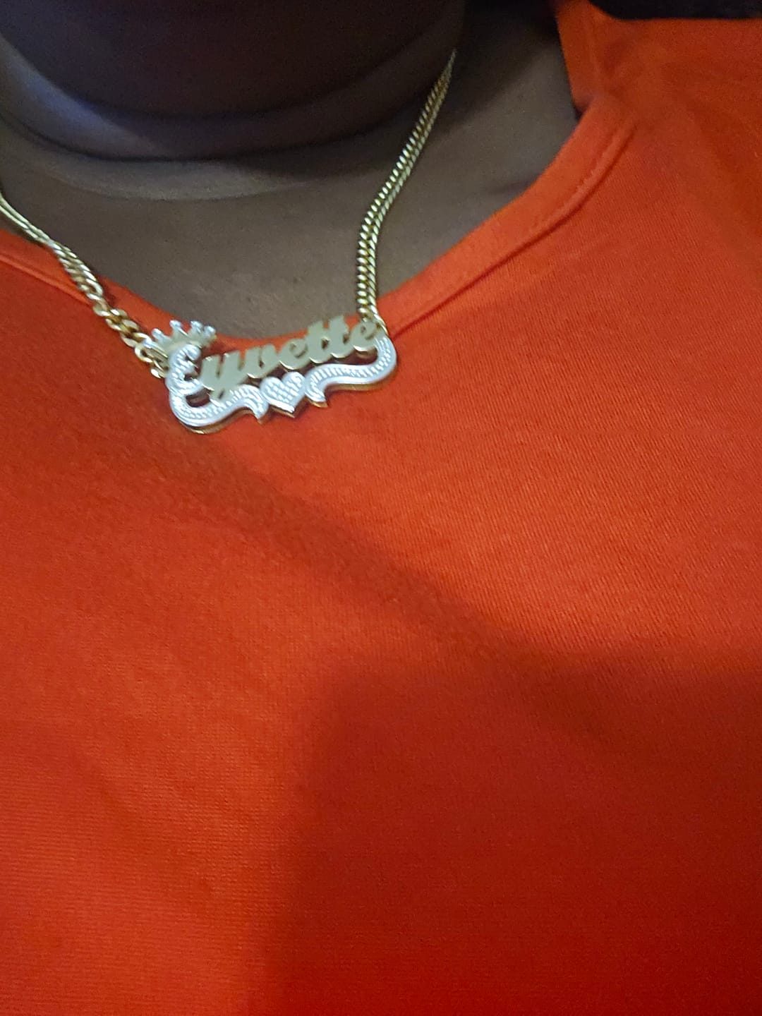 Customer photo review of Double-plated Script Name Necklace with Crown on First Initial