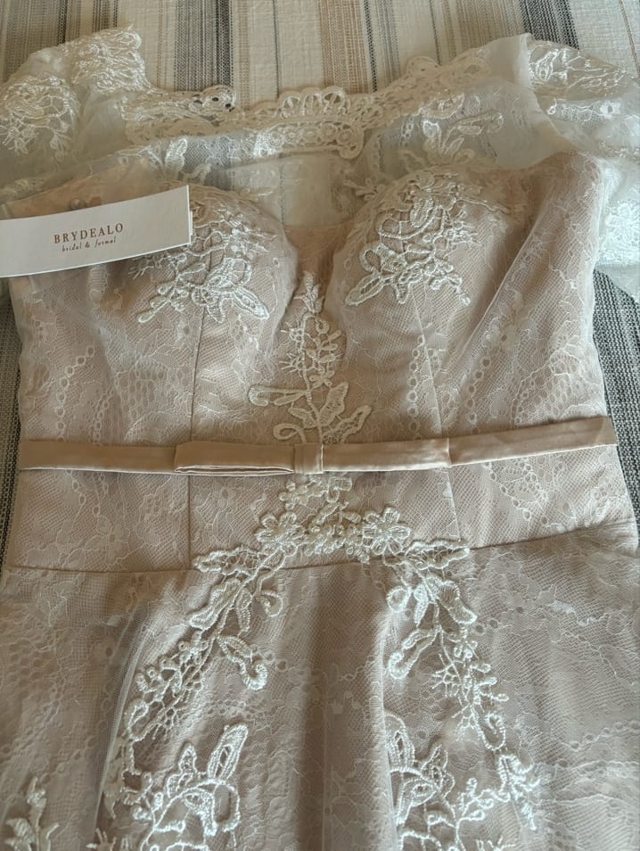 Customer photo review of Vintage Lace Blushing Pink Tea-Length Wedding Dress