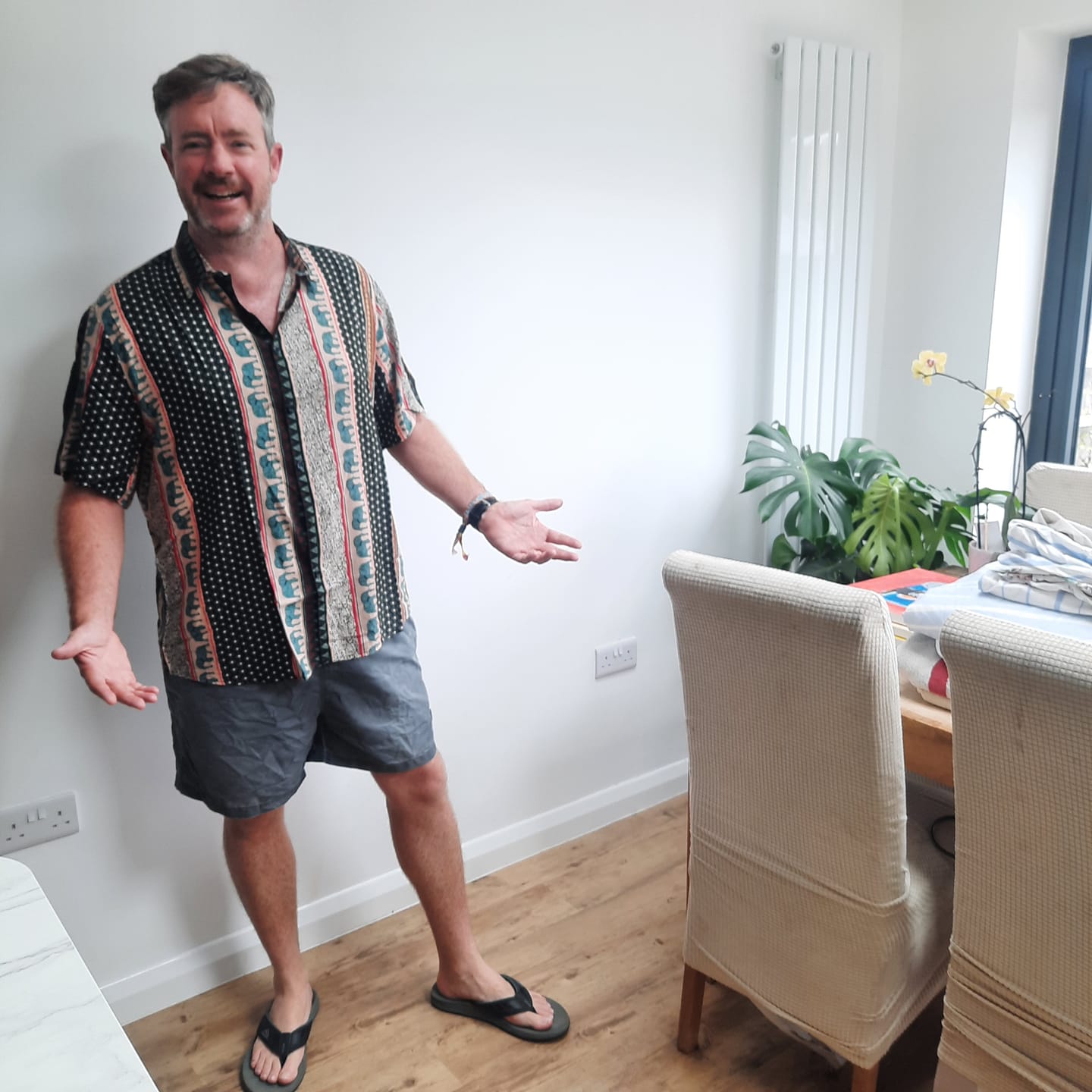 Customer photo review of Men's Striped Elephant Print Retro Button Up Green Top Short Sleeve Shirt