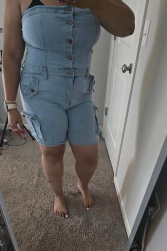 Customer photo review of Denim Strapless Cargo Romper