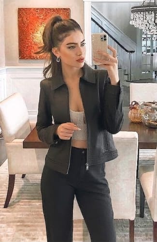 Customer photo review of Women's Harrington Style Black Real Leather Jacket