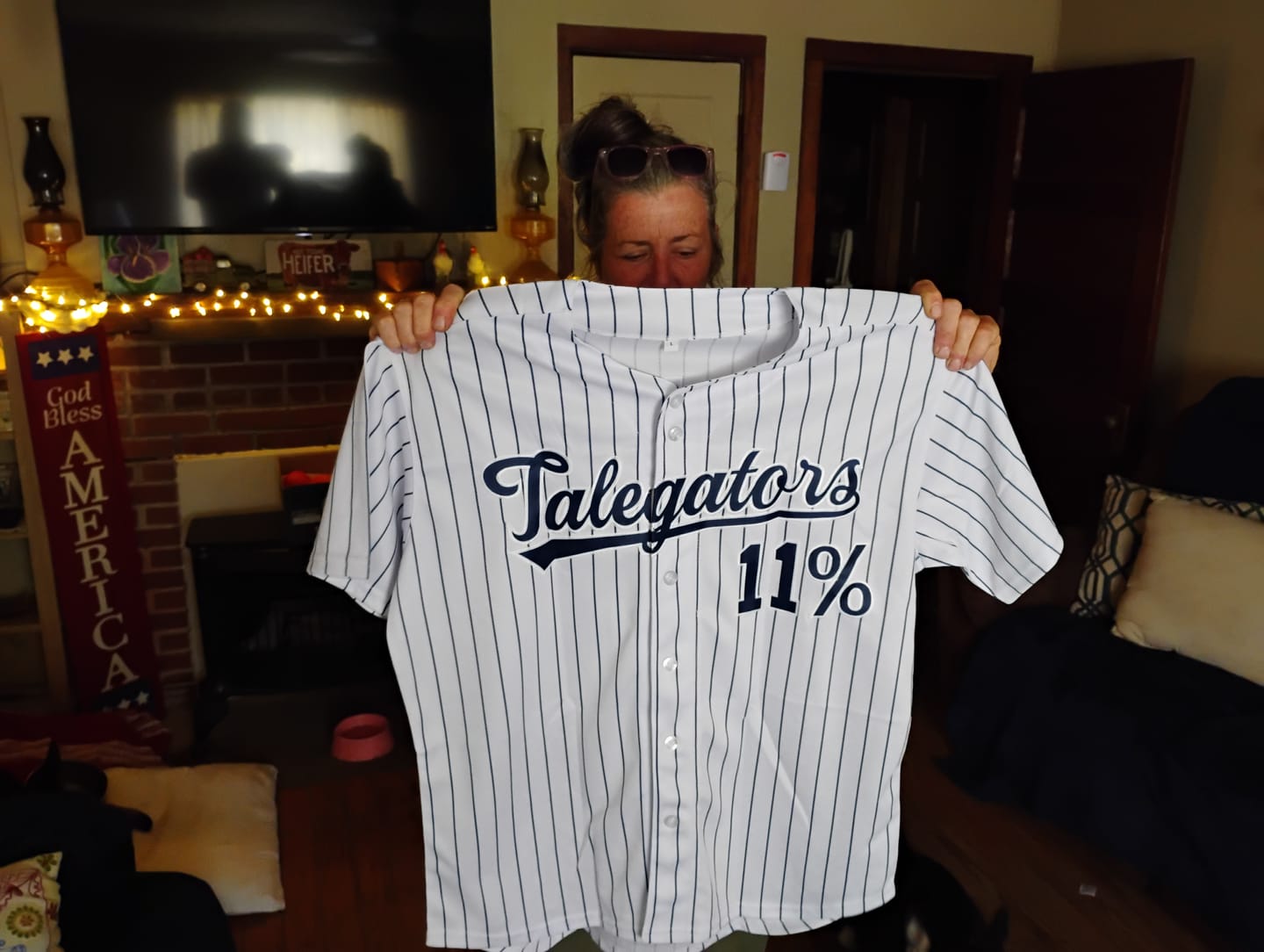 Customer photo review of Custom White Navy Stripe Fashion Authentic Baseball Jersey