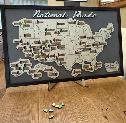 Customer photo review of US Wooden National Parks Travel Map With Trees To Record Park Visits (Light Grey)