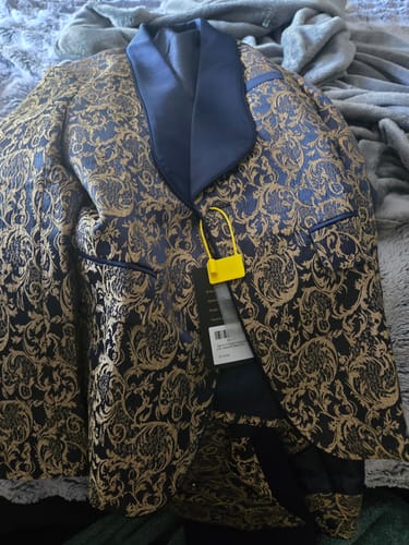 Customer photo review of Men's 3-Piece Vintage Style Gold Damask Jacquard Navy Blue Suit