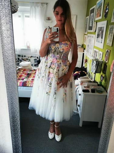Customer photo review of Lavender Embroidery Floral Corset Long Dress with Tie Straps