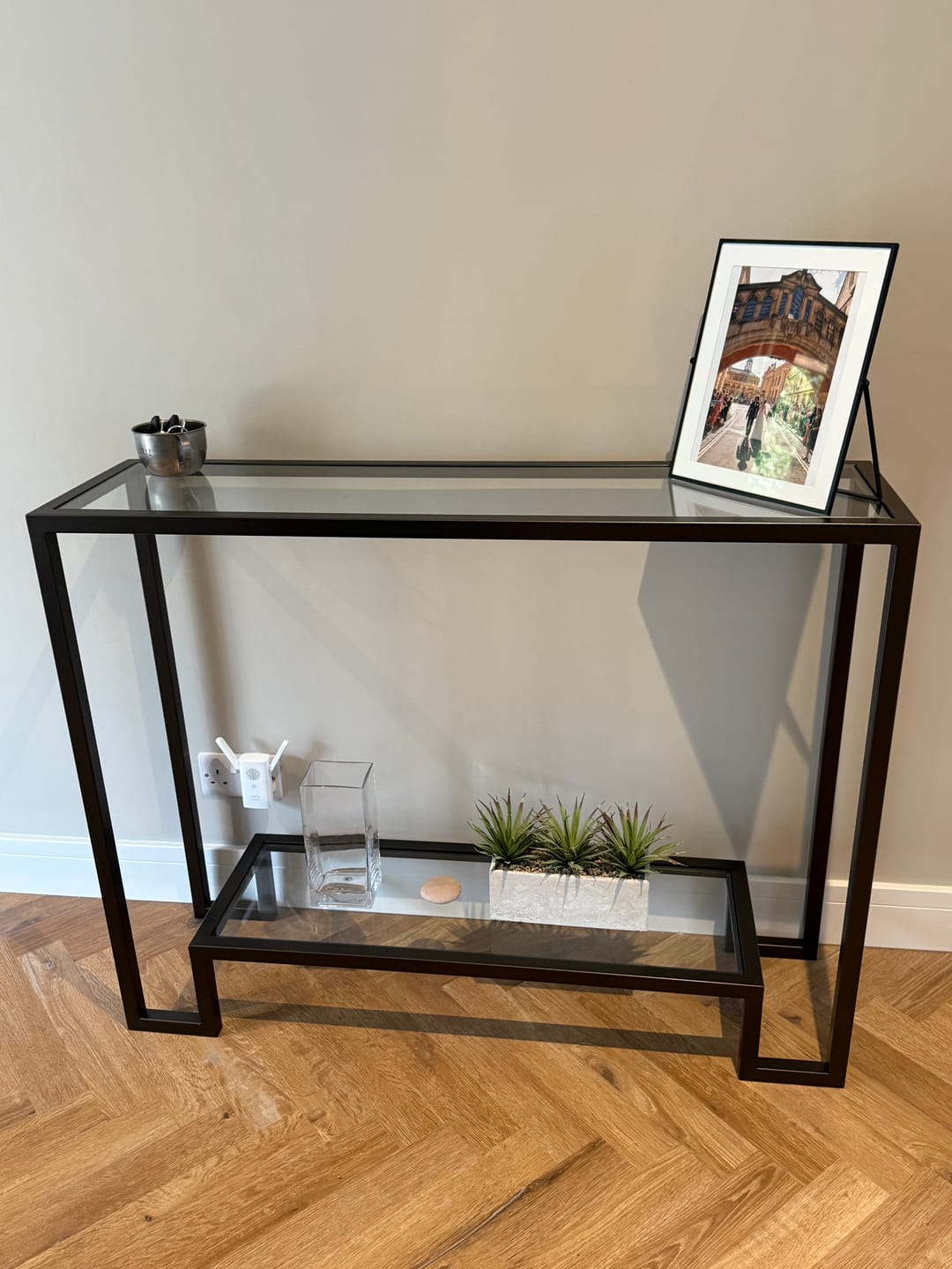 Customer photo review of Hudson Glass Metal Console Table - Dark Bronze