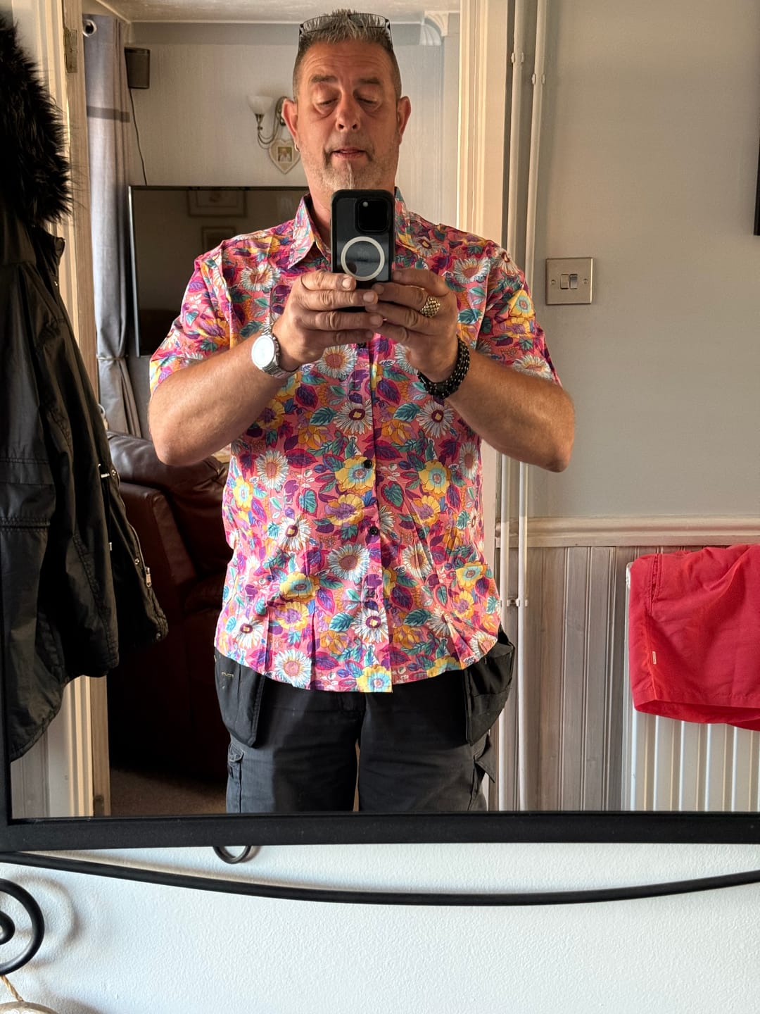 Customer photo review of Men's Pink Floral 100% Cotton Breathable Summer Short Sleeve Hawaiian Button Up Shirt
