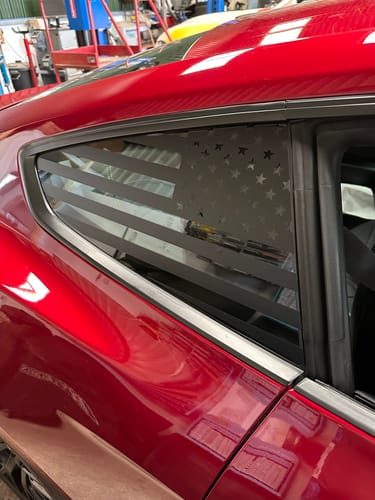 Customer photo review of American flag pre-cut accent decal fits 2015-2021 Ford Mustang quarter windows