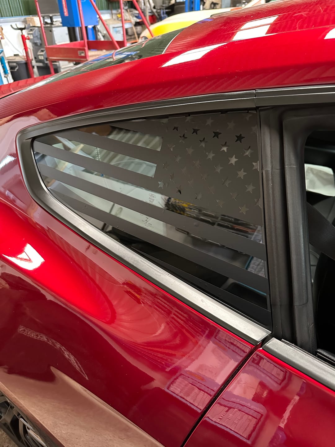 Customer photo review of American flag pre-cut accent decal fits 2015-2021 Ford Mustang quarter windows