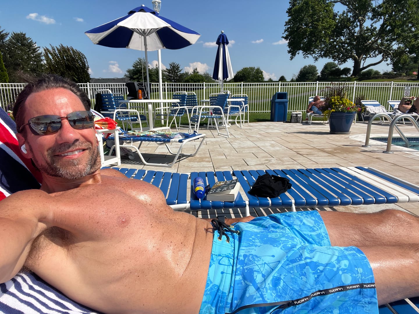 Customer photo review of Splatter Swim Shorts Blue - 5"
