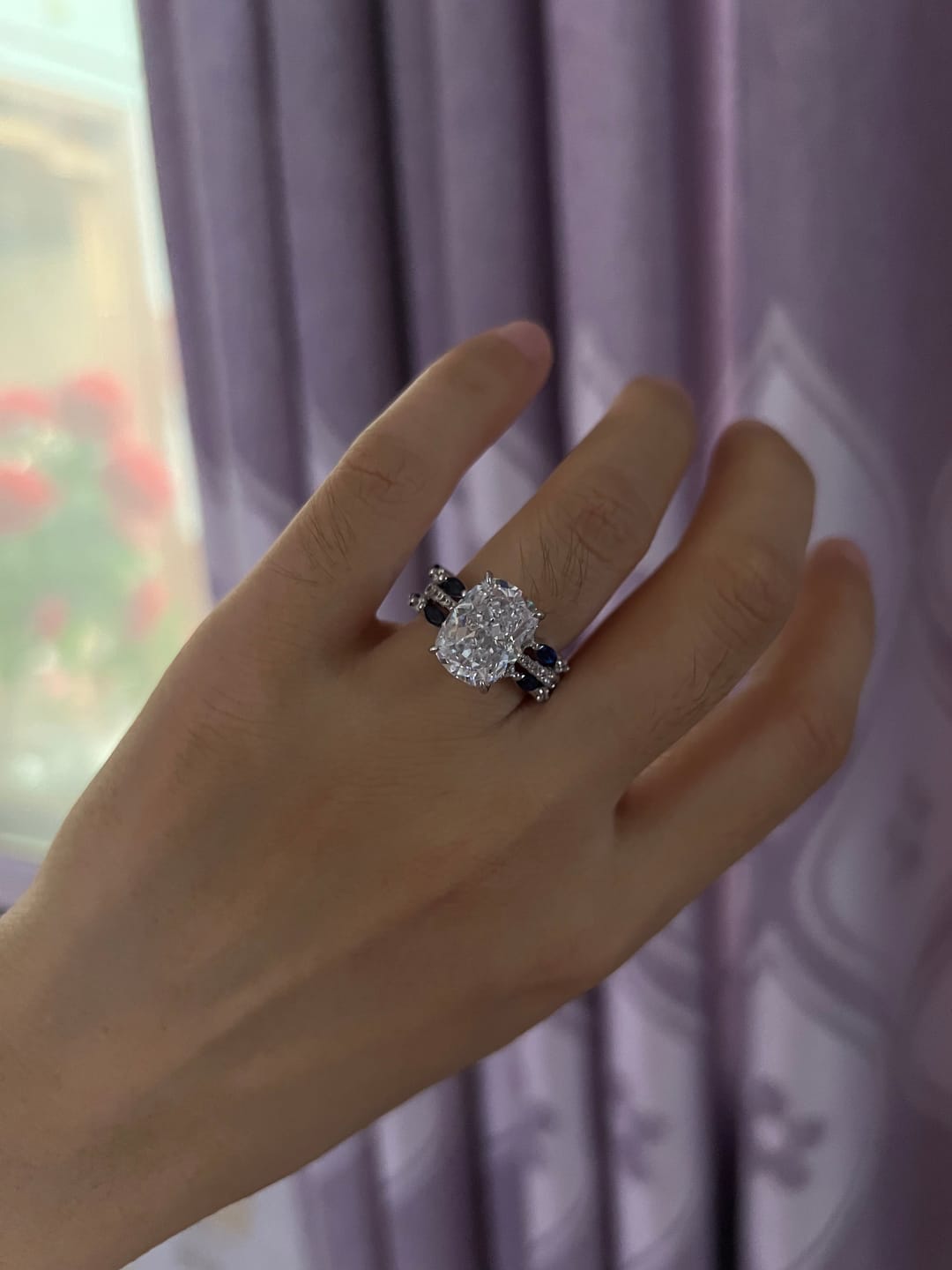 Customer photo review of S925 6.5Ct Cushion Cut Insert Wedding Ring Set With Unique White & Blue/Red Stone Engagement Ring Enhancer